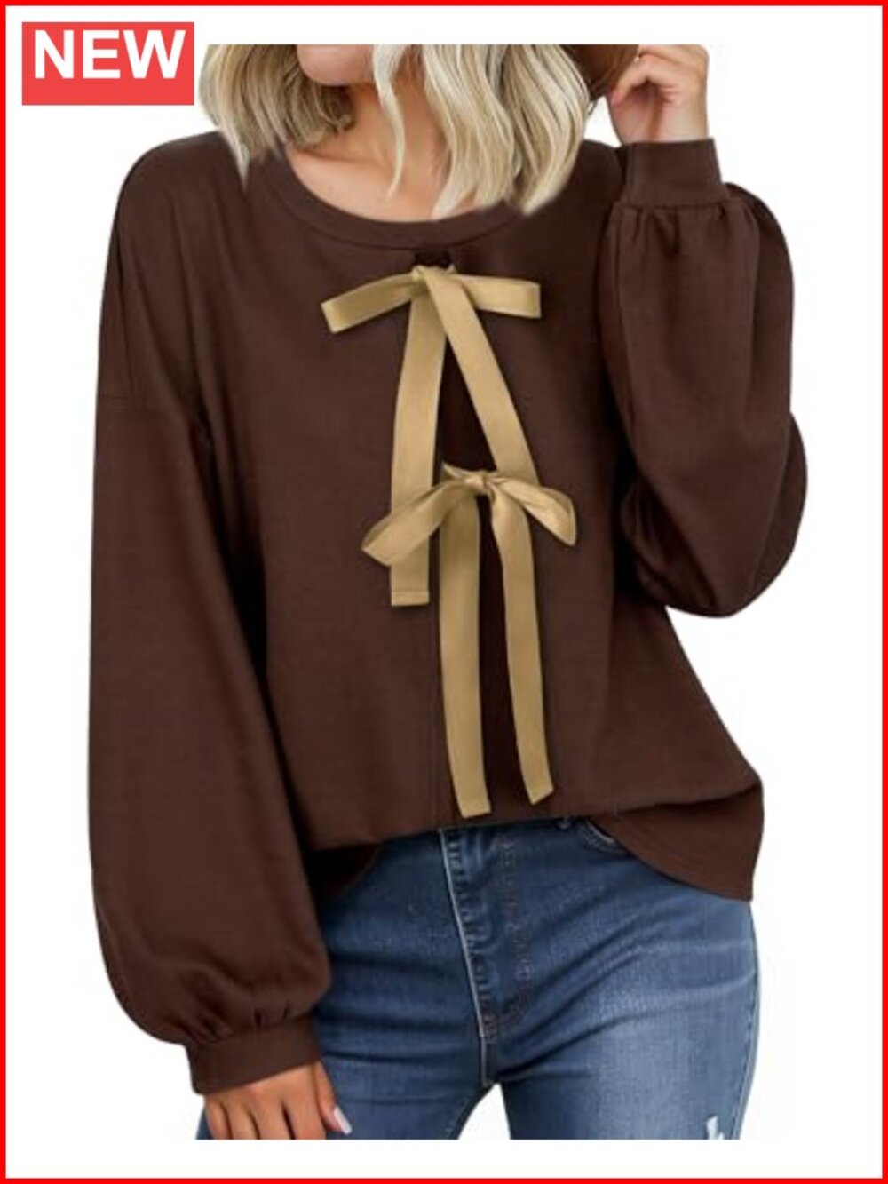 Women's Tie Front Lantern Sleeve Ribbed Knit Tunic Sweater Crewneck Loose Fit